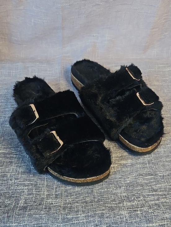Shoes - Women's Black Fuzzy Double-Buckle Slide Sandals